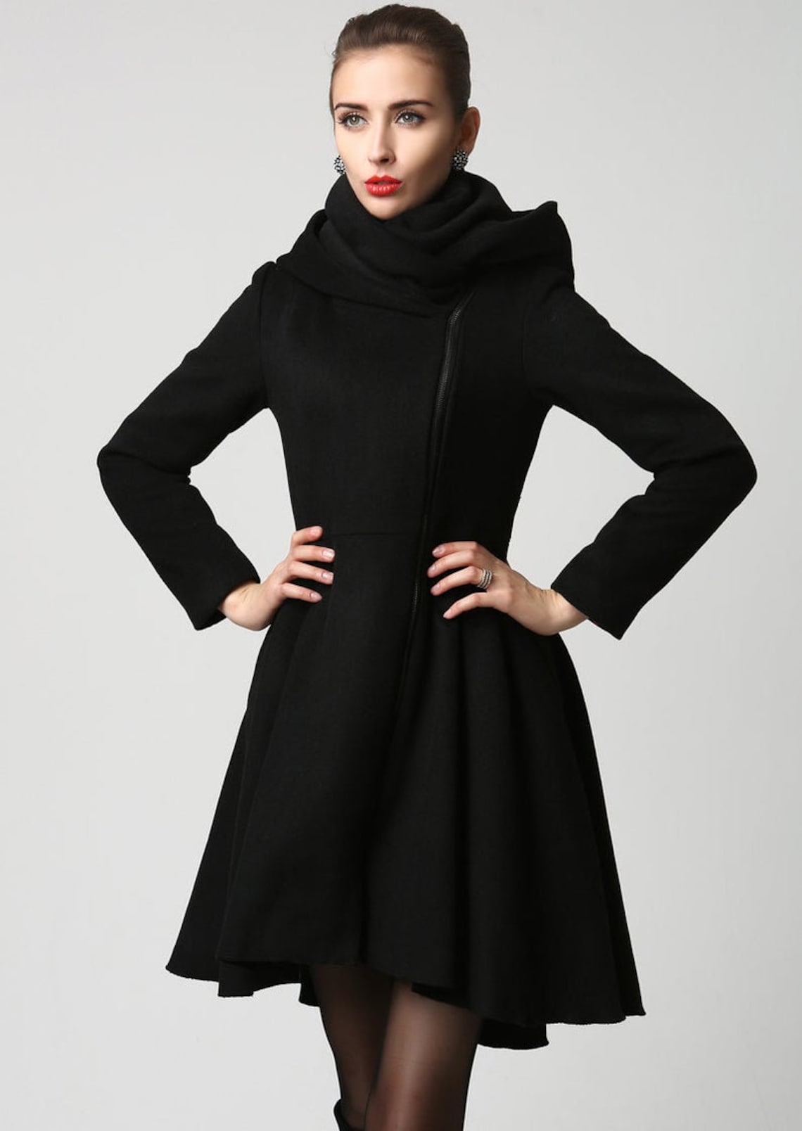 Asymmetrical Hooded wool coat Black full skirt coat Winter | Etsy