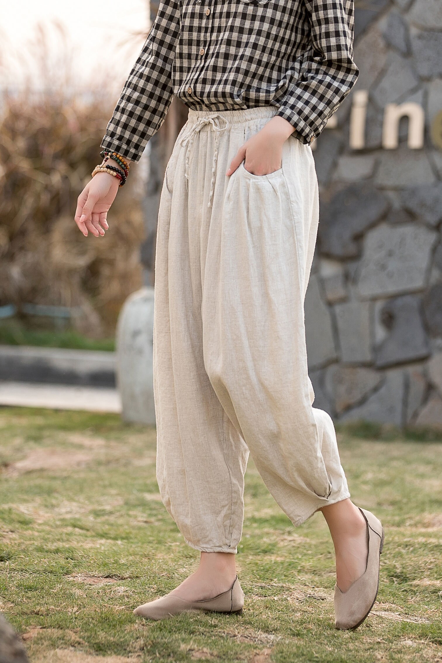 Natural Linen Pants Women Cropped Linen Pants Wide Leg Etsy