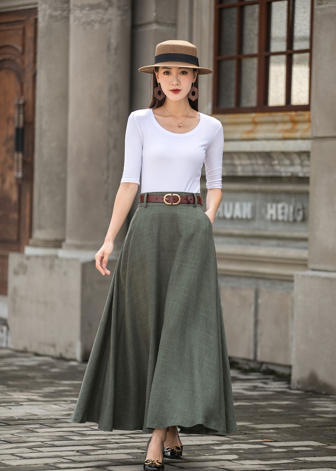 人気商品は Linen Green Skirt High Skirt, Maxi Linen Long Pockets, With スカート