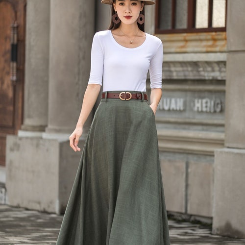 Green Linen Skirt With Pockets Long Linen Maxi Skirt High - Etsy