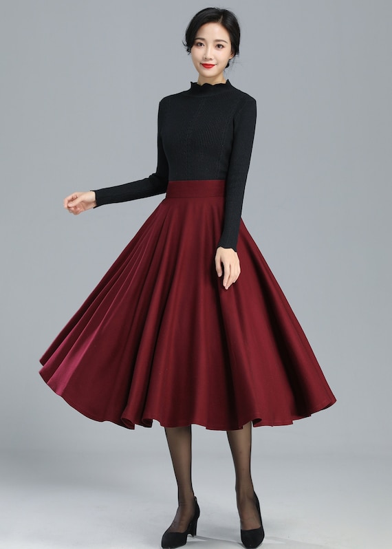 Burgundy Full Circle Wool Skirt Women 3246 Burgundy Full Circle Wool Skirt Women 3246