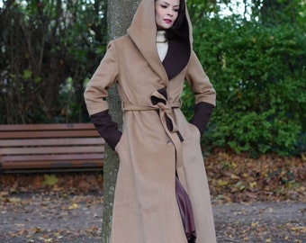 Hooded Wool Coat, Long Wool Coat, Camel Wool Coat Women