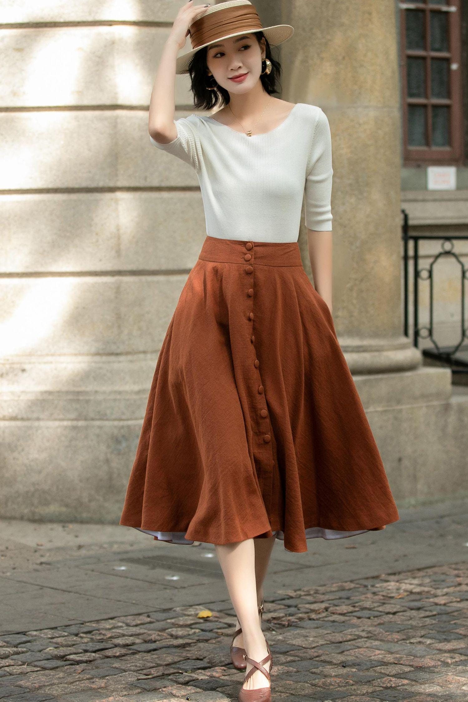 Travel Skirt, Button Down Midi Linen Skirt, Circle Skirt, Womens