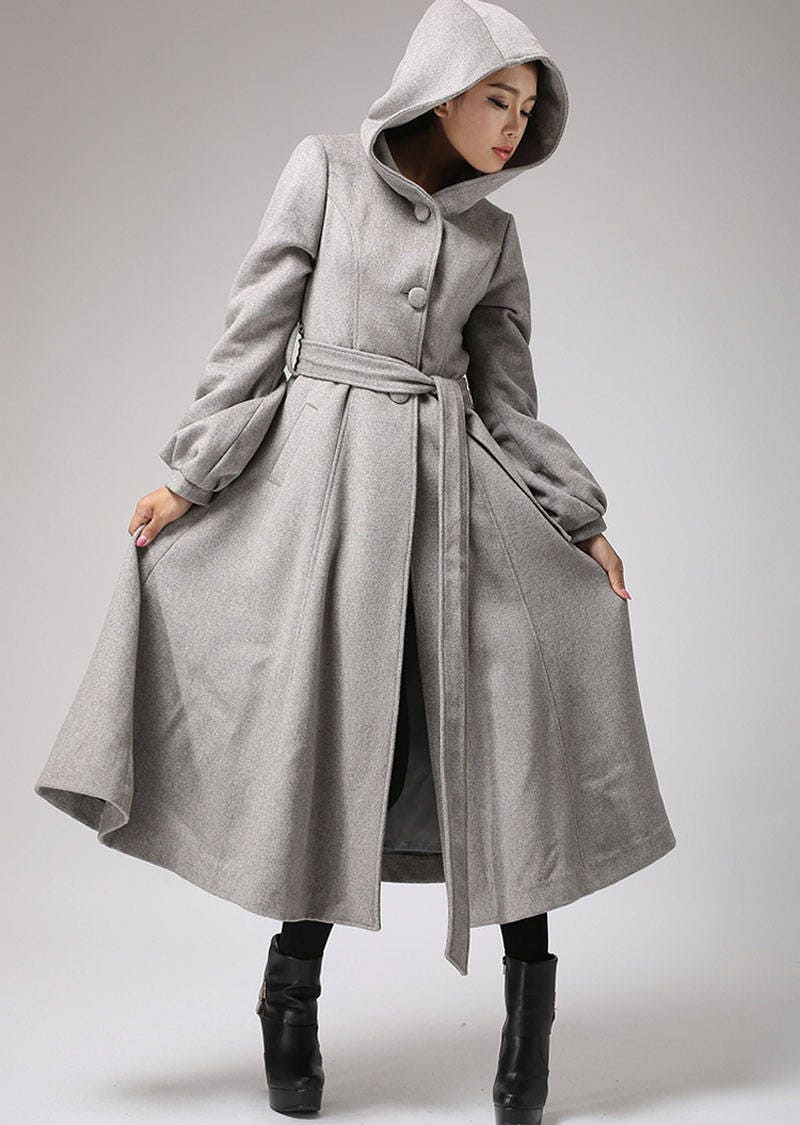 Light gray coat wool coat long coat belted coat hooded Etsy