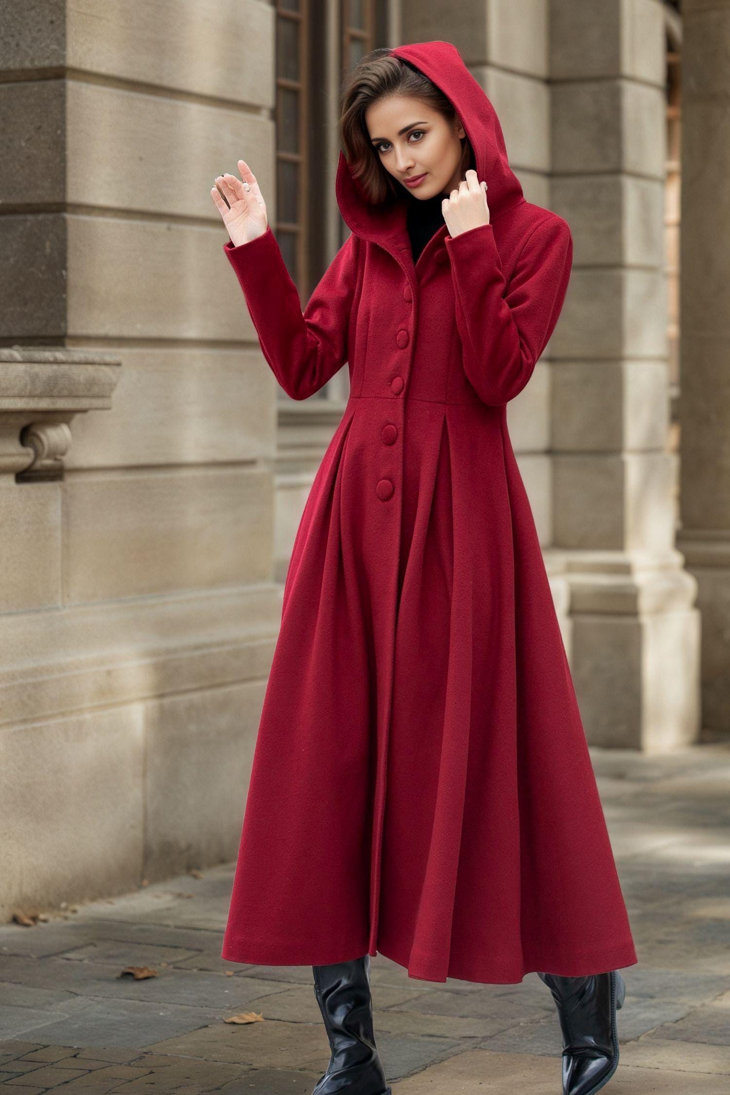 Womens Wool Coat, Red Wool Coat, Swing Wool Coat, Winter Warm