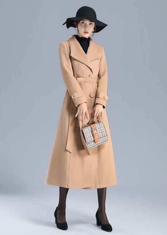 Long Wool Camel Coat Women Belted Wool 