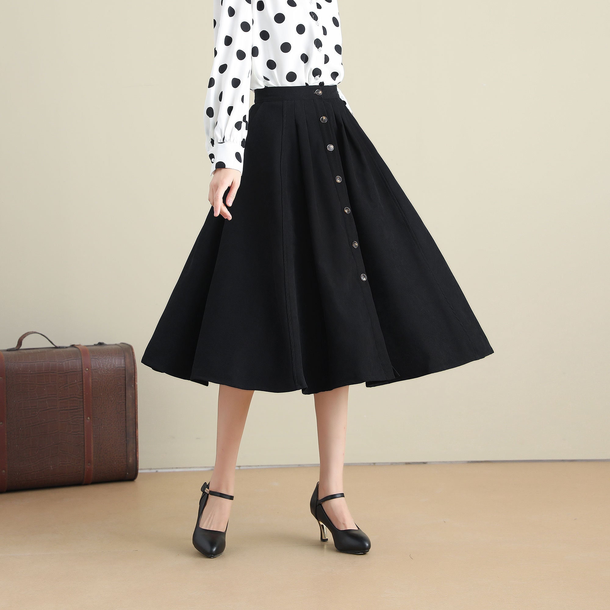 Black Button Front Skirt Midi, A Line Pleated Skirt With Black Button Front Skirt Midi, A Line Pleated Skirt With