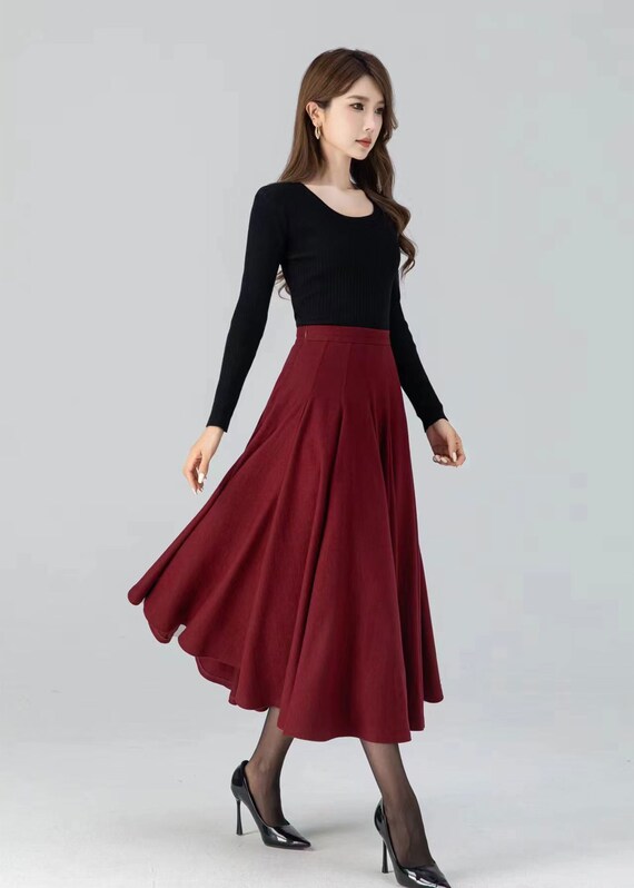 Swing midi winter red wool skirt women 4782 Swing midi winter red wool skirt women 4782