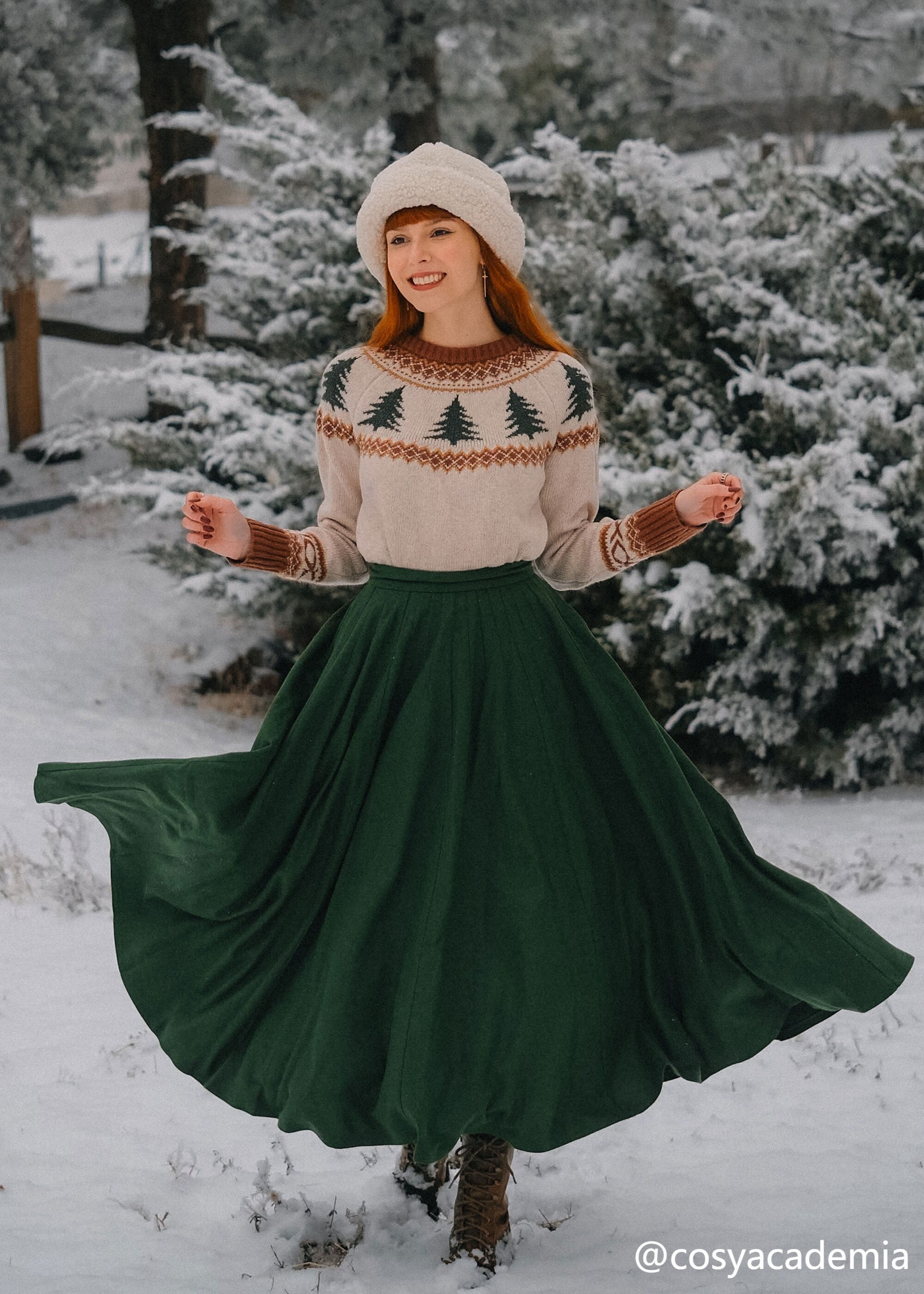 【Anyone more】Kenya Wool Winter Pleated Midi Skirt Wool Skirt, Midi Wool Skirt, Swing Pleated Wool Skirt, Green