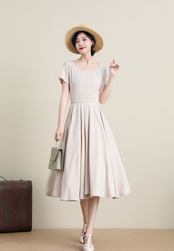 beige swing dress Dani Modest A-Line Scoop Ruched Floor Length Chiffon Bridesmaid Dresse