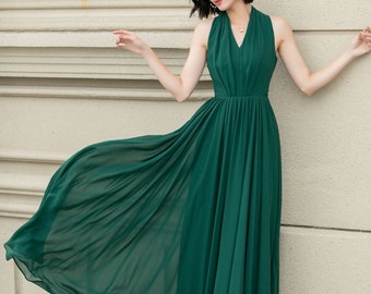Chiffon Wedding dress, Green Chiffon dress, Hanging Neck Chiffon maxi dress, Bridesmaid dress, Womens Chiffon swing dress, Xiaolizi 5175#