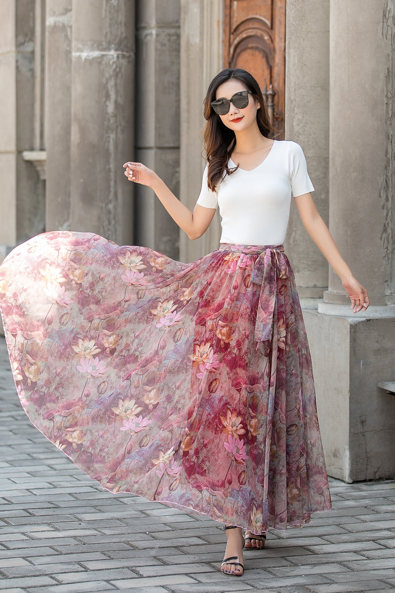 Buy Pink Floral Chiffon Maxi Skirt Women Swing Full Circle Skirt Online in  India - Etsy