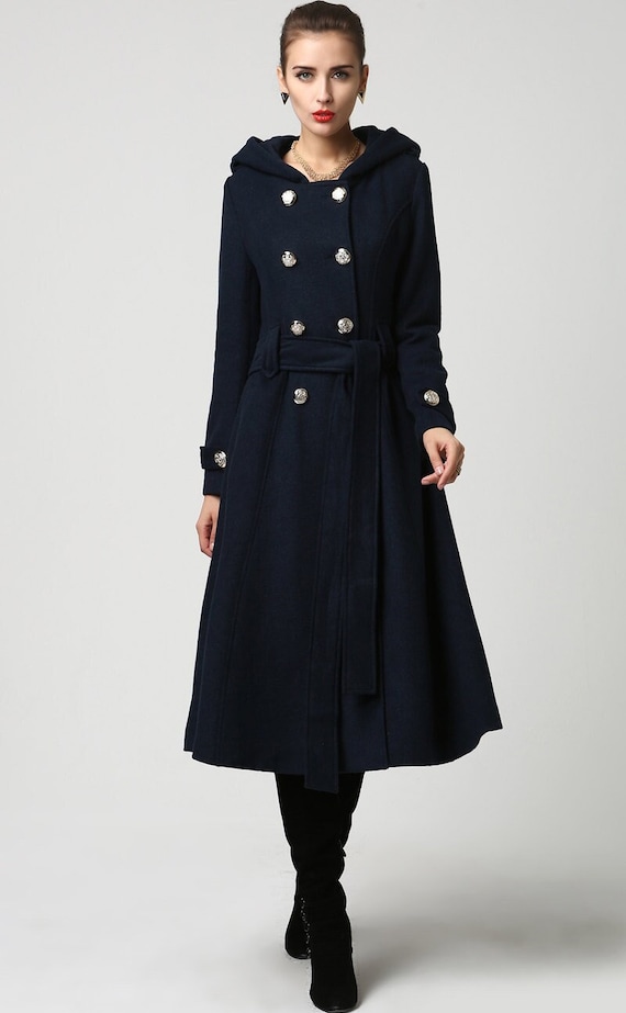 Women's military wool coat with hood in navy blue 1114# Women's military wool coat with hood in navy blue 1114#