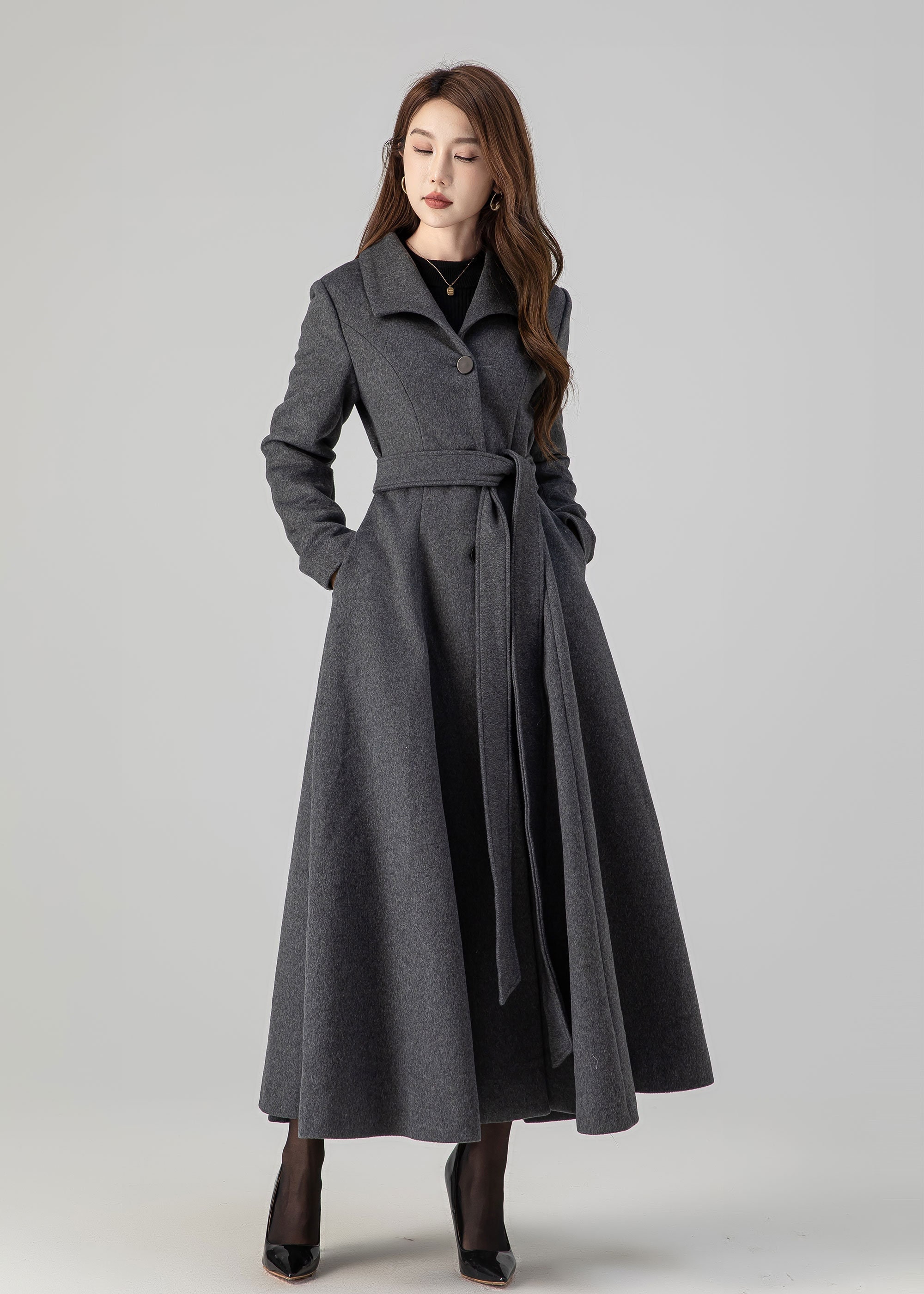 【YILON MADE】Cinched waist midi coat グレー Gray Wool Blend Midi Coat, Fit & Flare, Winter Outerwear, Xiaolizi