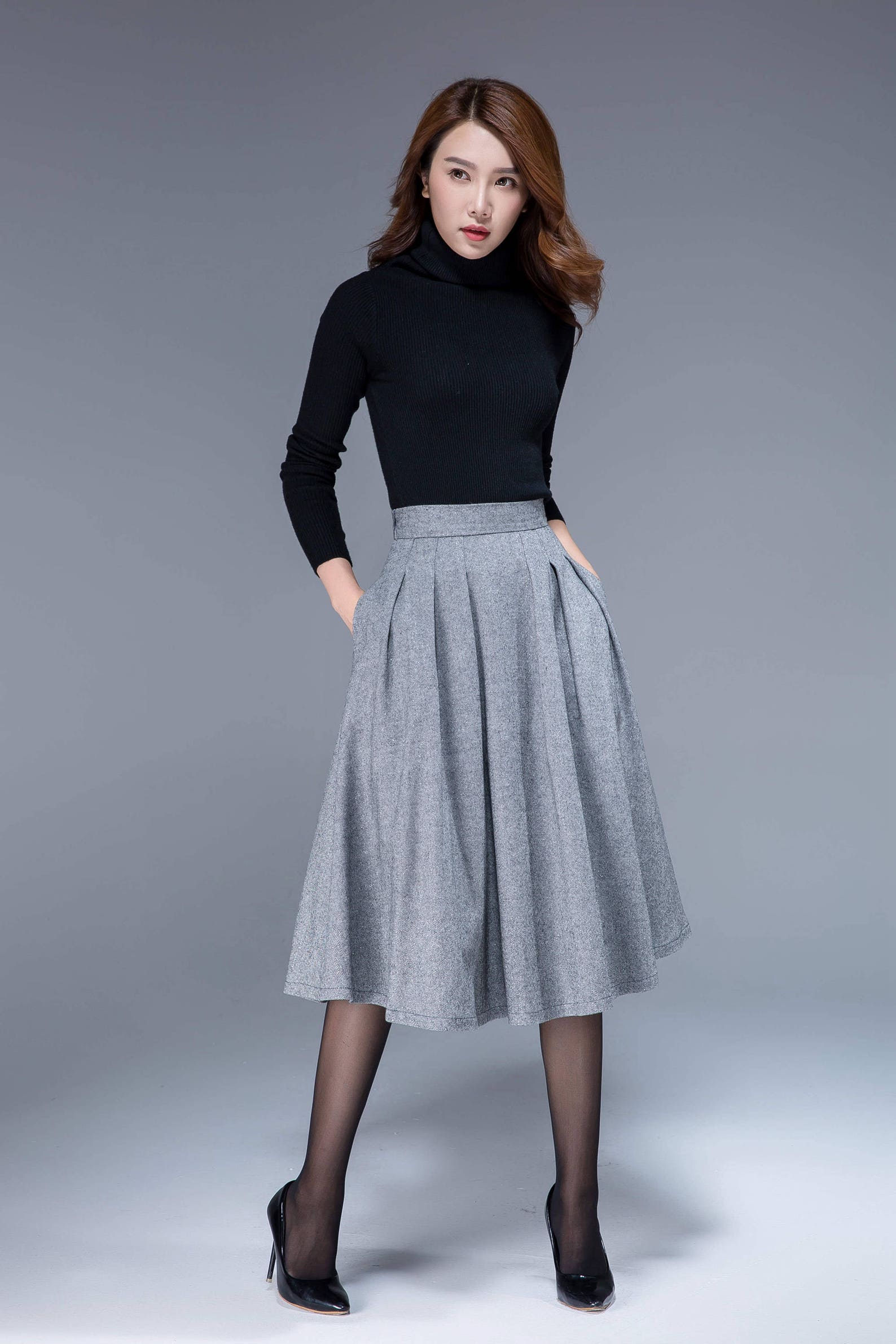 Pleated midi skirt Wool skirt Winter skirt Knee length | Etsy