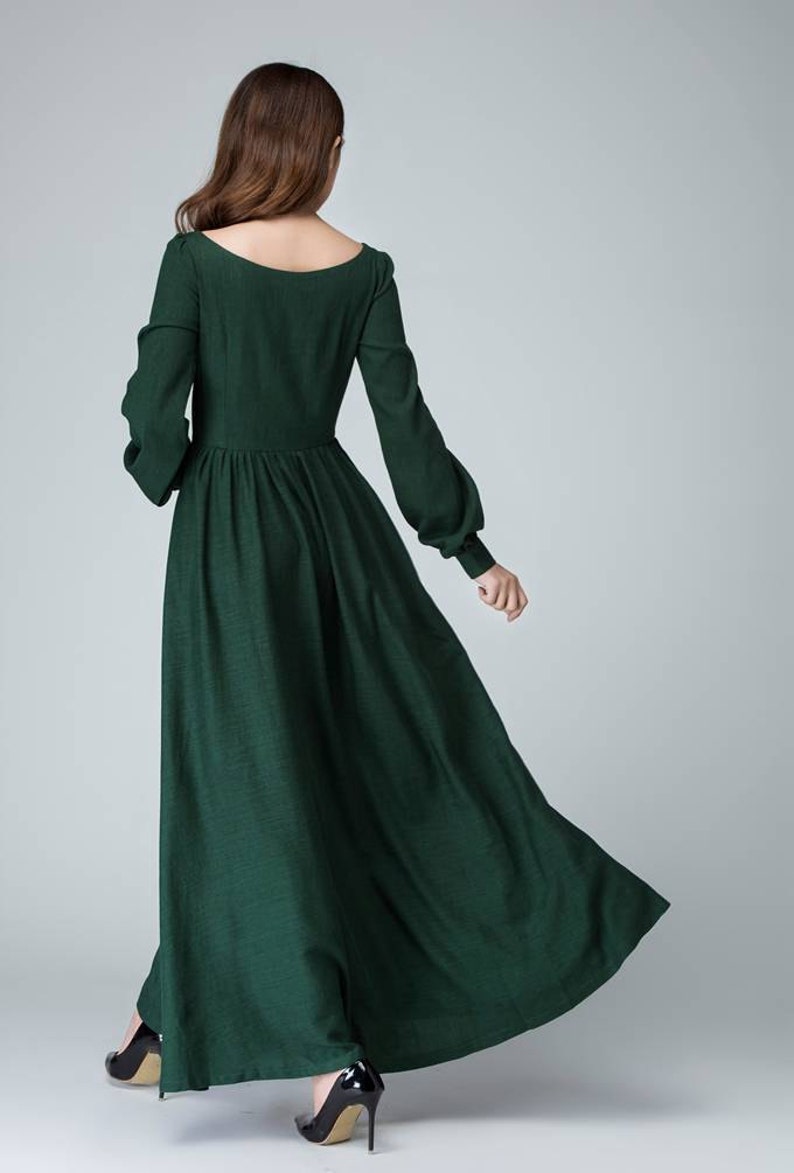 Women's Vintage Inspired Long Sleeve Medieval Maxi Dress, Green Long Linen Dress, Modest Linen dress, Spring Autumn Dress, Xiaolizi 1454 image 7