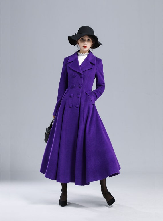 Vintage Inspired Purple Wool Trench Coat Women, Princess Vintage Inspired Purple Wool Trench Coat Women, Princess