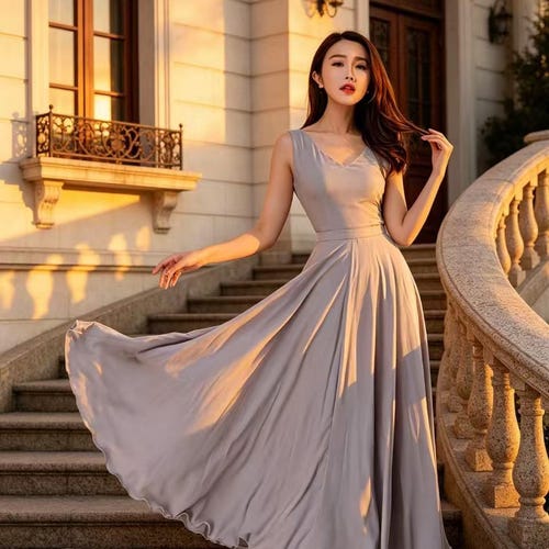 Gray Chiffon Maxi Dress, Sleeveless Fit and Flare, Custom