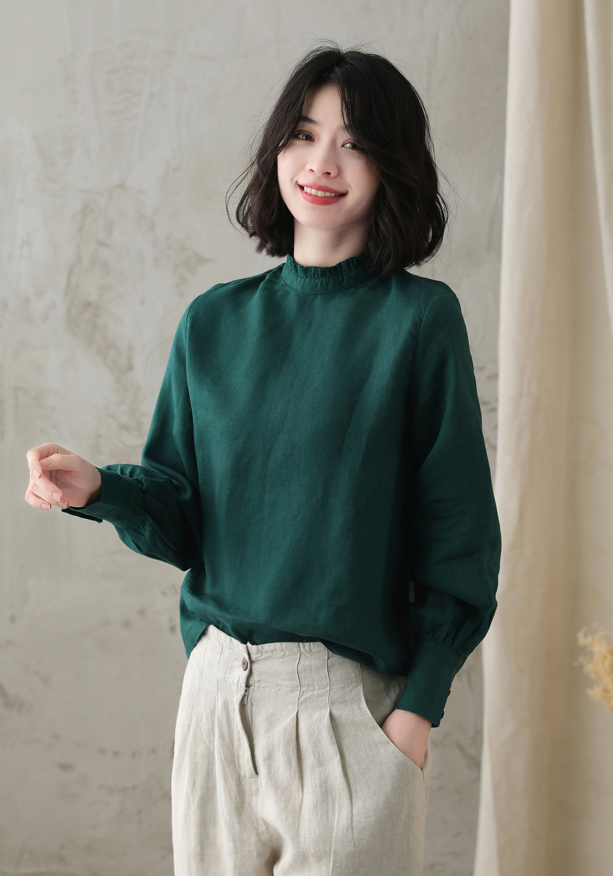 Long sleeve Linen Blouse in green Causal Linen Top Women Etsy
