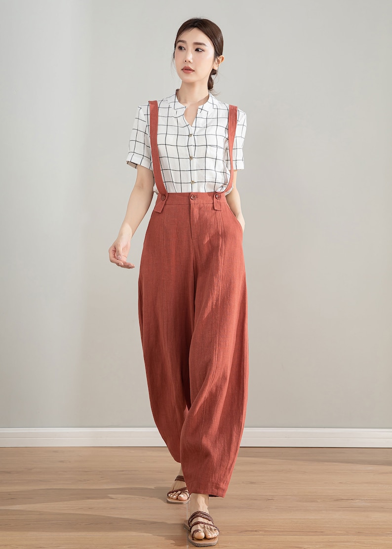 Red Suspender linen Pants, Womens Baggy Linen Pants, Spring Summer Linen Pants, Vintage Inspired Long Pants, Custom Pants, Xiaolizi 4212 image 2