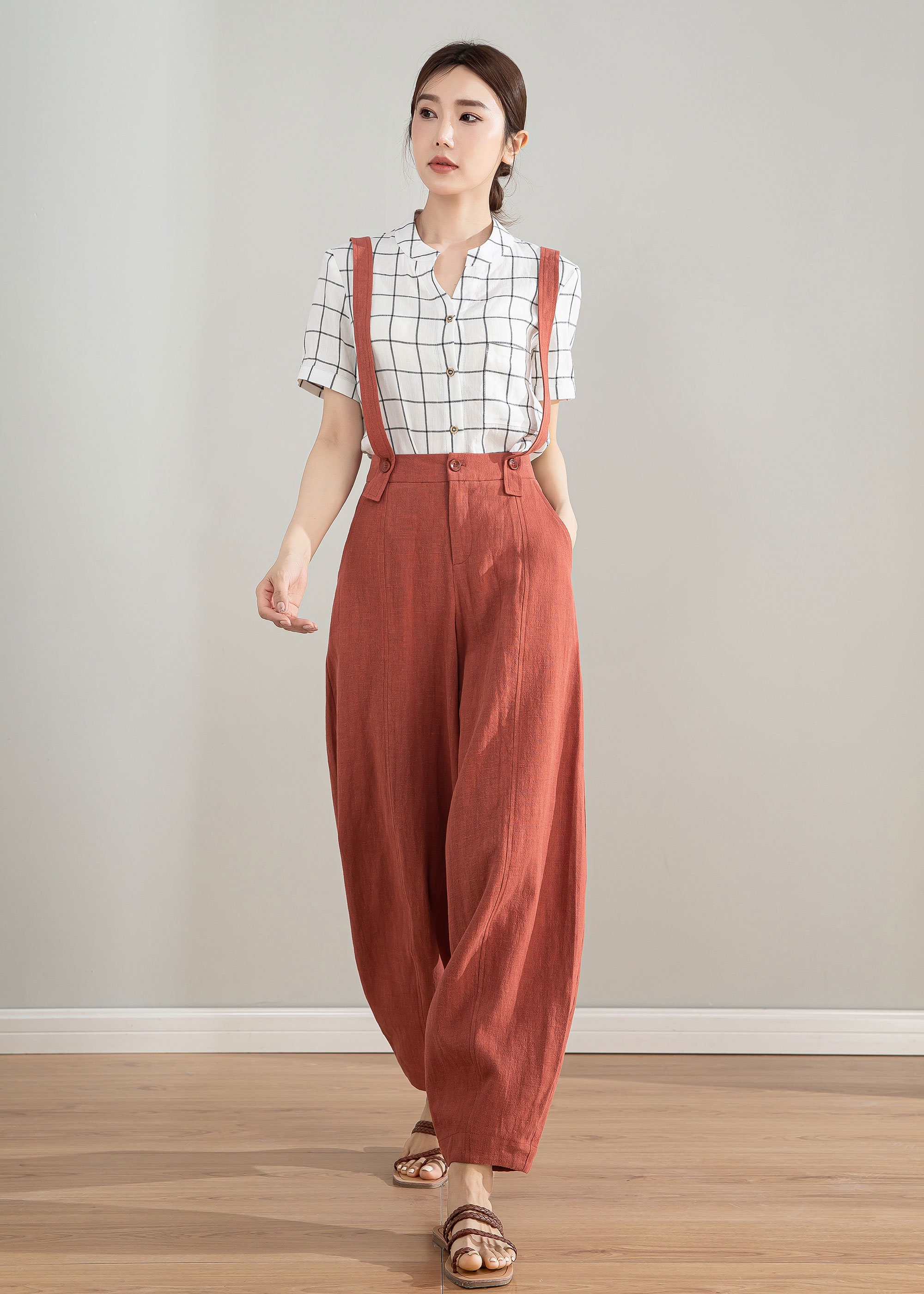 Relaxed Fit Baggy Linen Pants With Side Pockets, Suspender