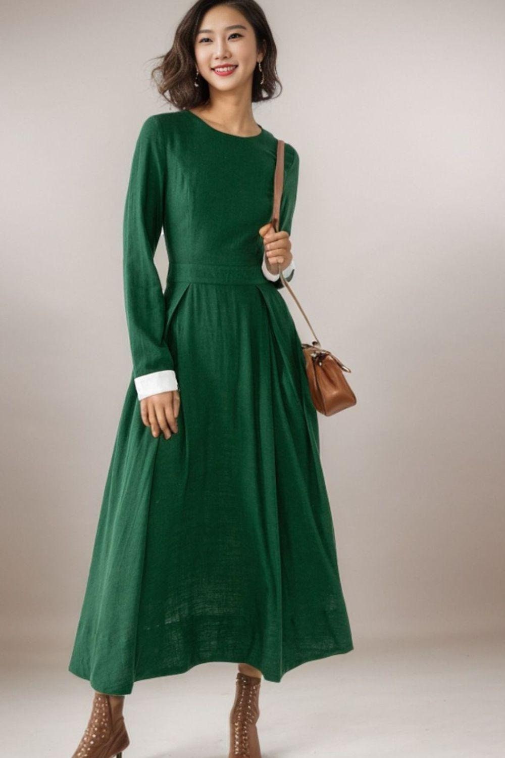 Green Linen Maxi Dress, Women's Long Sleeve Maxi Linen Dress