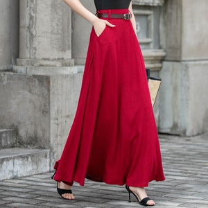 Red Womens Linen Skirt, High Waisted Skirt, Swing Skirt with pockets, Summer Linen Skirt, Flowy Long Skirt, Custom Skirt, Xiaolizi 4285