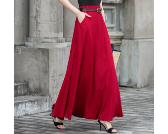 Red Womens Linen Skirt, High Waisted Skirt, Swing Skirt with pockets, Summer Linen Skirt, Flowy Long Skirt, Custom Skirt, Xiaolizi 4285