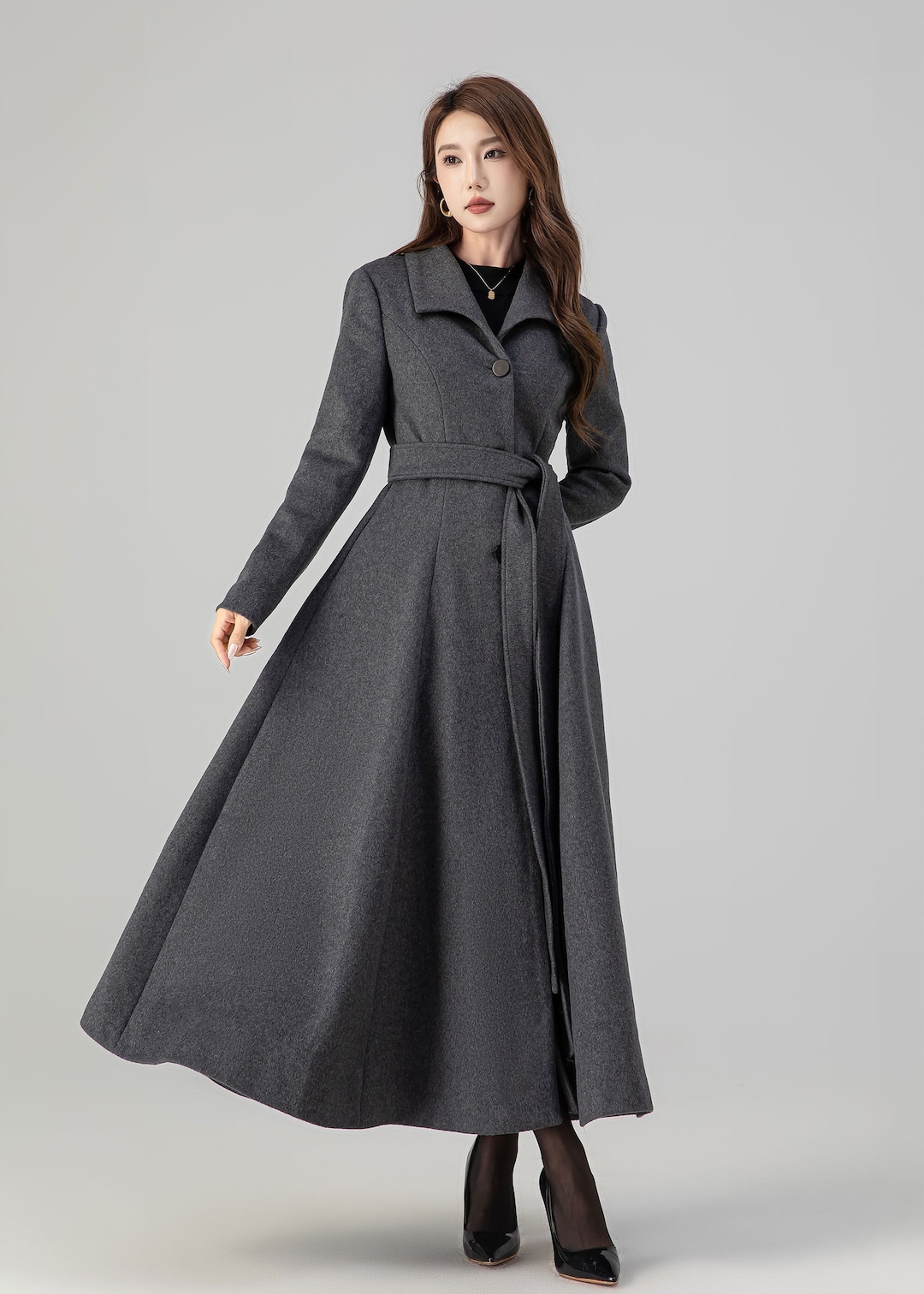 Gray Wool Blend Midi Coat, Fit & Flare, Winter Outerwear, Xiaolizi