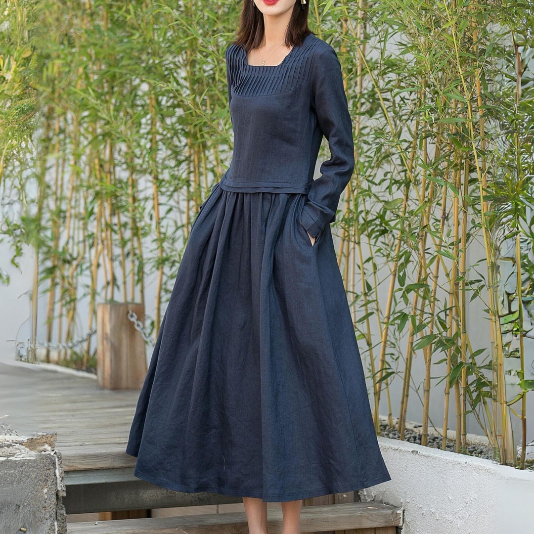 Linen Blend Solid Color Lapel Long-sleeved Casual Maxi Dress