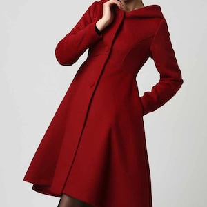 Women's Winter Single breasted wool Coat, red swing hooded princess coat, warm winter outwear, Hooded wool coat, Christmas coat 1117 image 4