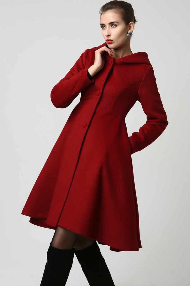 Women's Winter Single breasted wool Coat, red swing hooded princess coat, warm winter outwear, Hooded wool coat, Christmas coat 1117 image 4