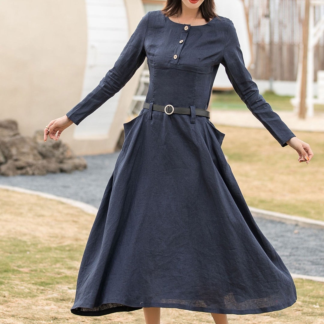 Linen Spring Maxi Dress | Xs Navy Blue Long Sleeves with Pockets 2860 Handmade by Xiaolizi