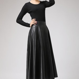 Black Faux Leather Skirt Classic Style Maxi Skirt Women PU Vegan Flared ...