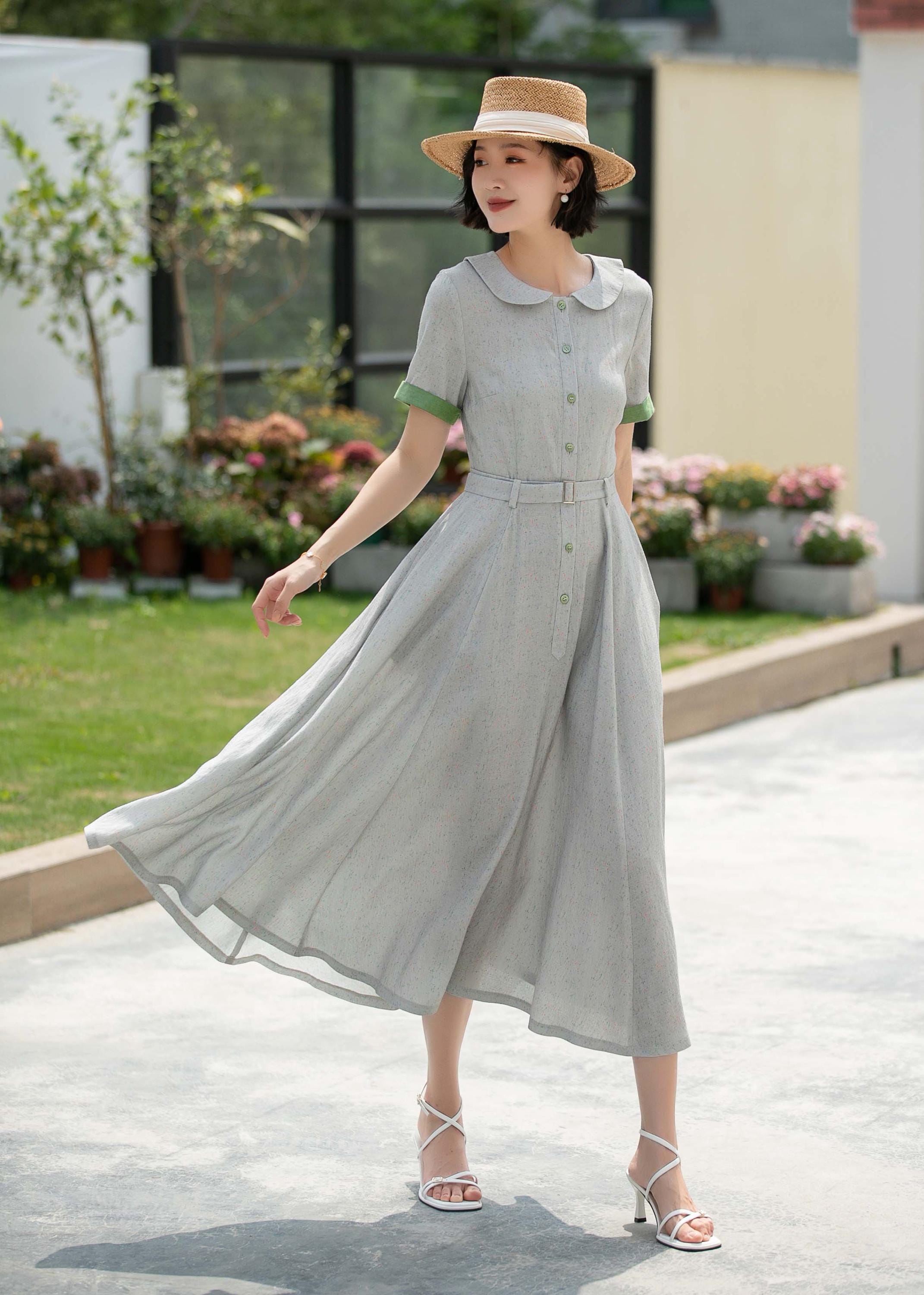 【the9shop】EVERYDAY DRESS Breeze Linen Shirt Dress, Grey Midi Swing Dress, Shirt Dress Women, Short