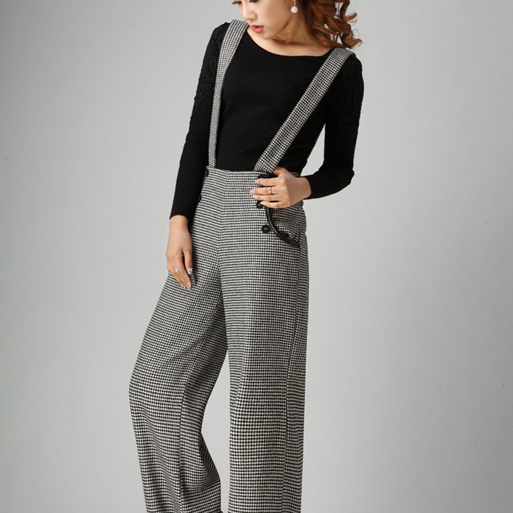 Gray Suspender Wool Pants Women, Autumn Winter Straight-leg
