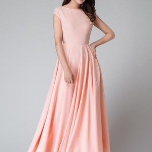 Peach Bridesmaid Dress, Open Back Chiffon Maxi Wedding Dress, Cap ...