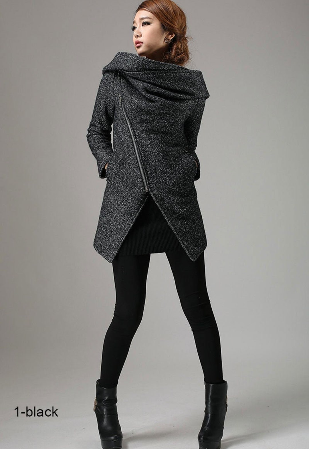 Asymmetric contrast deals hooded skirted coat