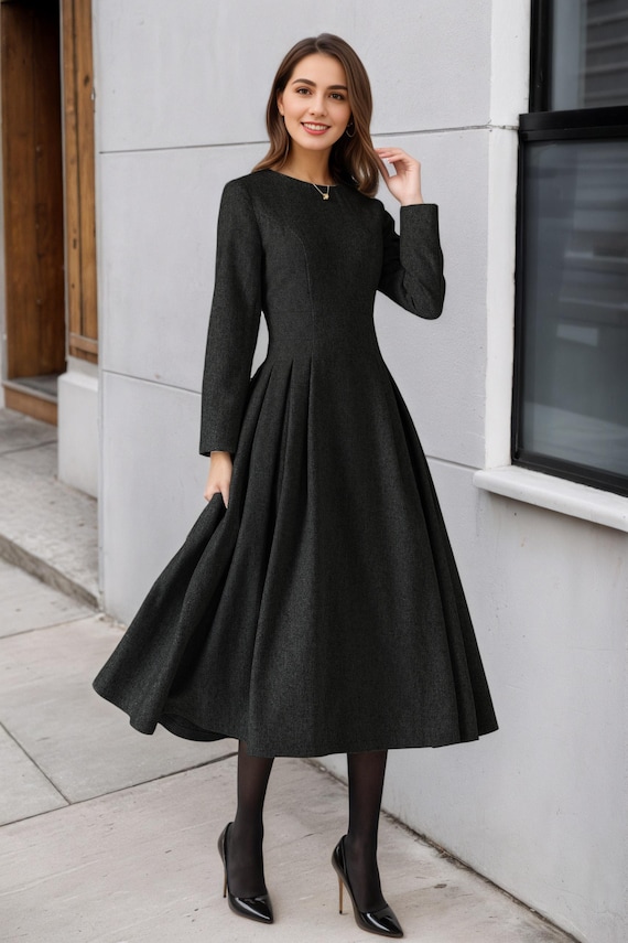 Wool Blend Fit & Flare Midi Dress: Elegant Winter Party Outfit, Fall Style Gift 6524#