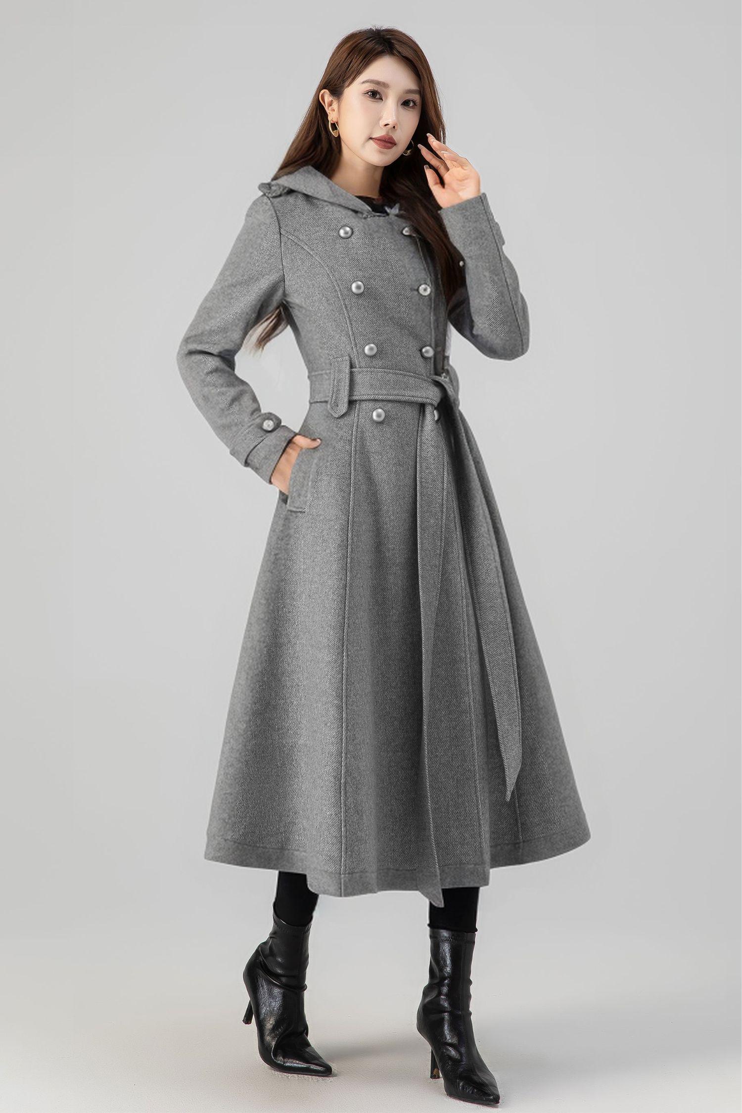 ジャケット・アウター DOUBLE WOOL LONG COAT - GREY Hooded Wool Coat, Long Wool Coat, Double Breasted Coat