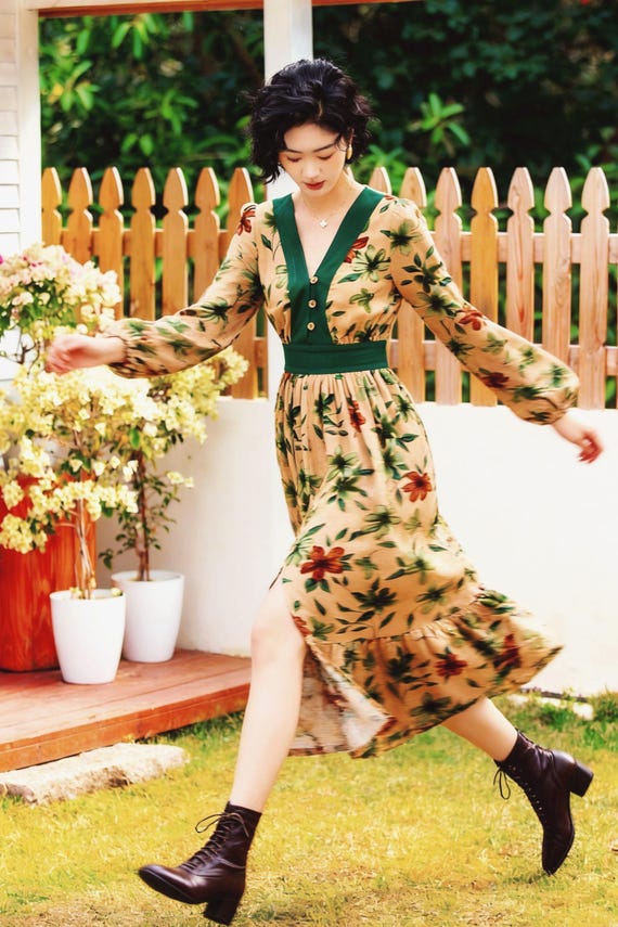knee length dresses for ladies Floral Midi Dress with Pockets – Linen Blend main image 1