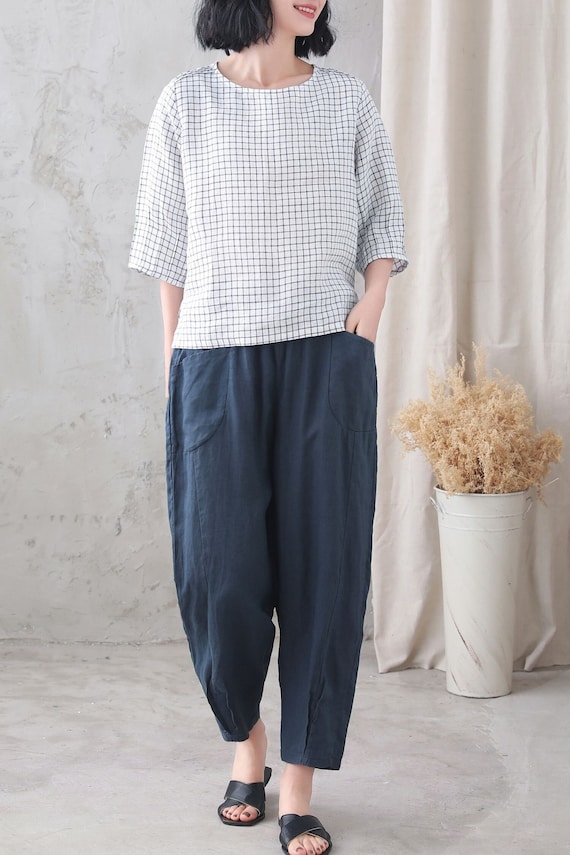 Linen Summer Blouse, Women Linen Blouse, Plus Size Blouse, Casual Linen Top, Loose Fit Top, Plaid Blouse, Linen Clothing, Xiaolizi 3337