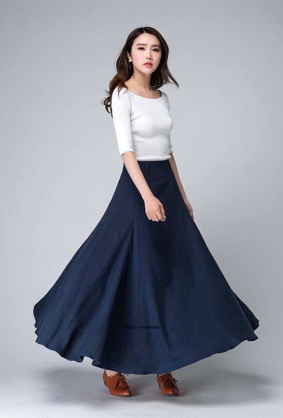 Dark Blue Skirt Linen Skirt Women Linen Maxi Skirt A Line - Etsy