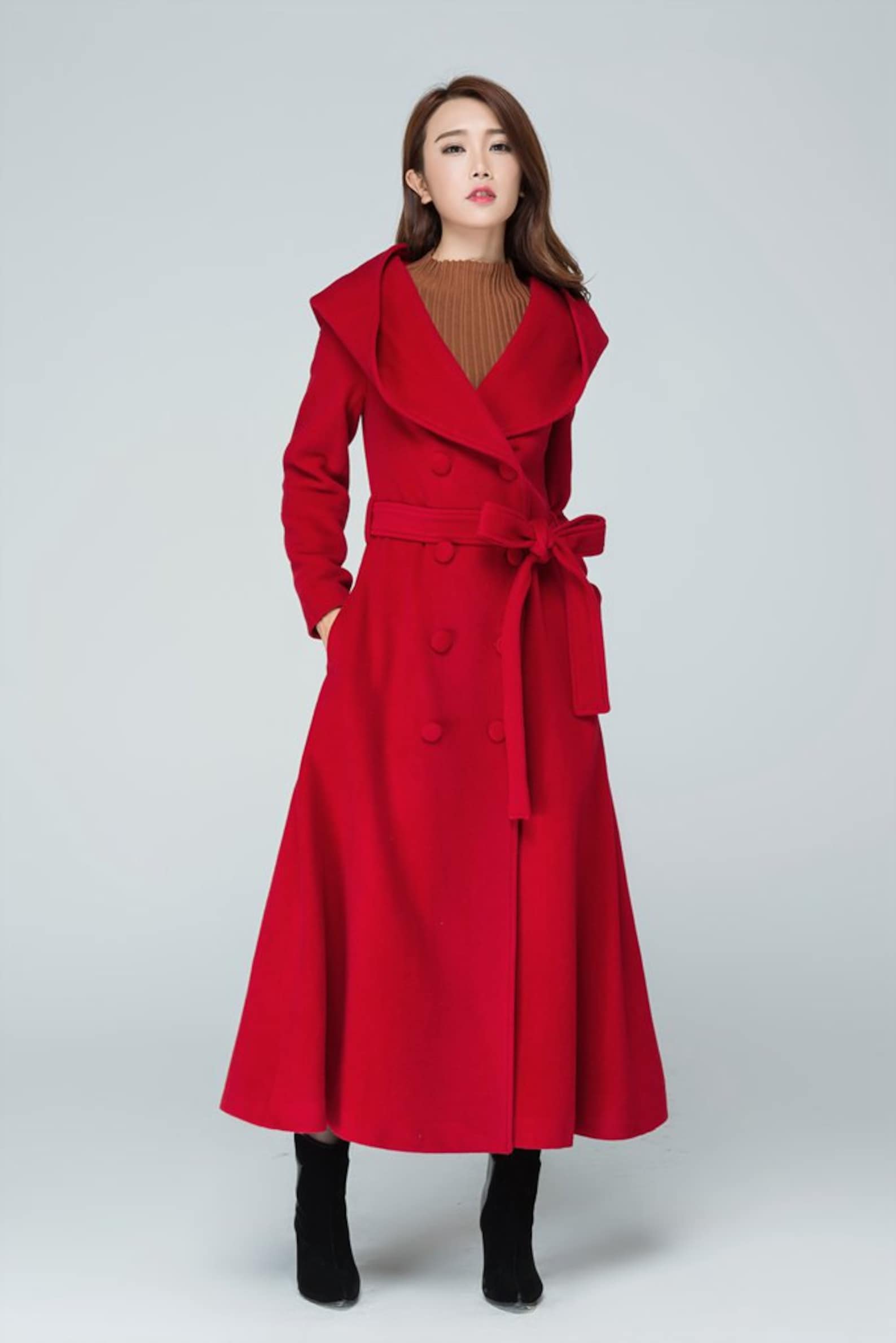 Red wool coat Long Wrap coat trench coat maxi coat hooded Etsy