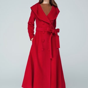 Red Long Wrap Wool coat, Hooded wool coat, Long trench coat, Winter Long Wrap coat, Belt coat, Plus size coat, custom made coat  1602#