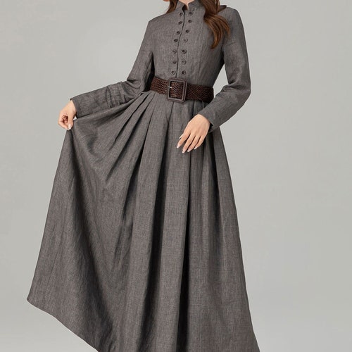 Pleated Linen Maxi Dress: Long Sleeve Turtleneck Swing Dress, Medieval, Fall Gift, Xiaolizi 4923