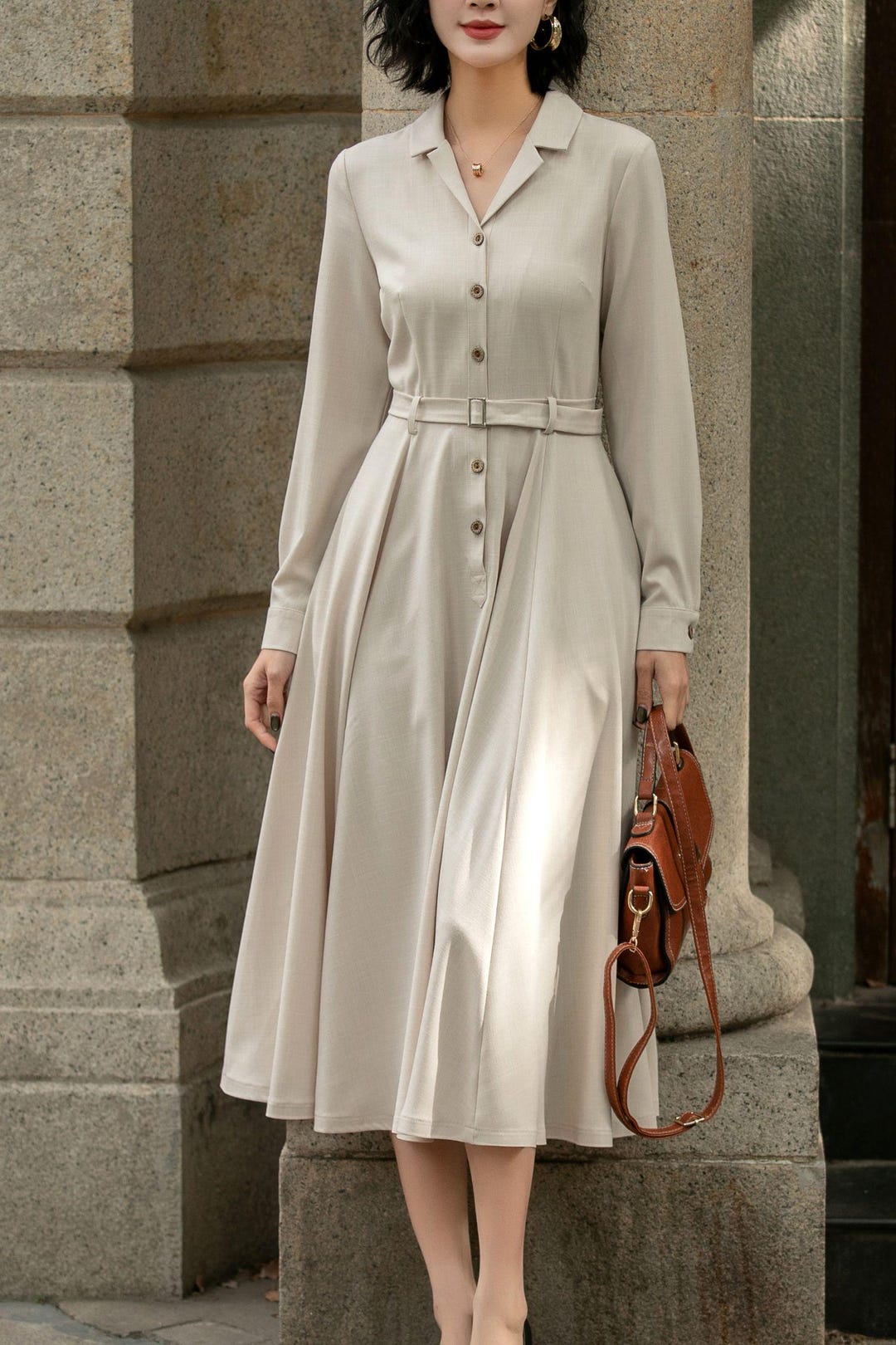 Womens Button Up Dress, A-Line Beige Dress, Semi-Formal Midi Shirt Dress, Swing Fall Autumn Dress,Work Dress, Custom Dress, Xiaolizi 5674#