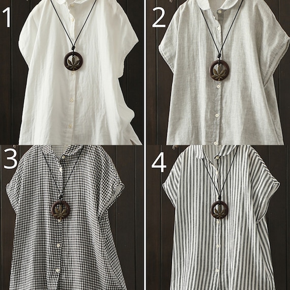 Handmade plaid Linen Blouse with Cap Sleeves 2891 Handmade plaid Linen Blouse with Cap Sleeves 2891