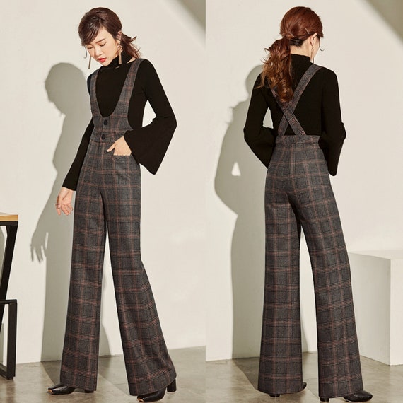 Brown Plaid Suspender Wool Pants Women, Autumn Winter Straight-leg Pants, High  Waist Pants, Long Suspender Pants, Custom Made Pants 3964 