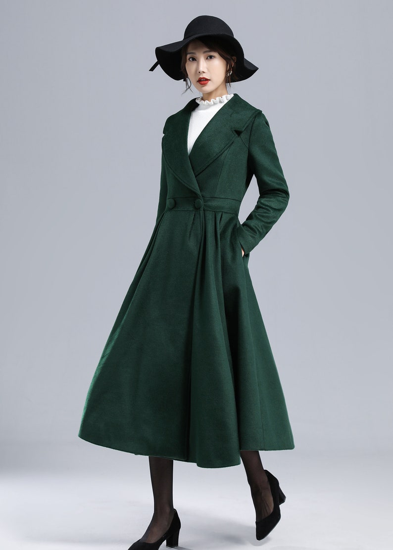 Dark Green Wool Princess Coat Long Wool Coat Fit and Flare - Etsy